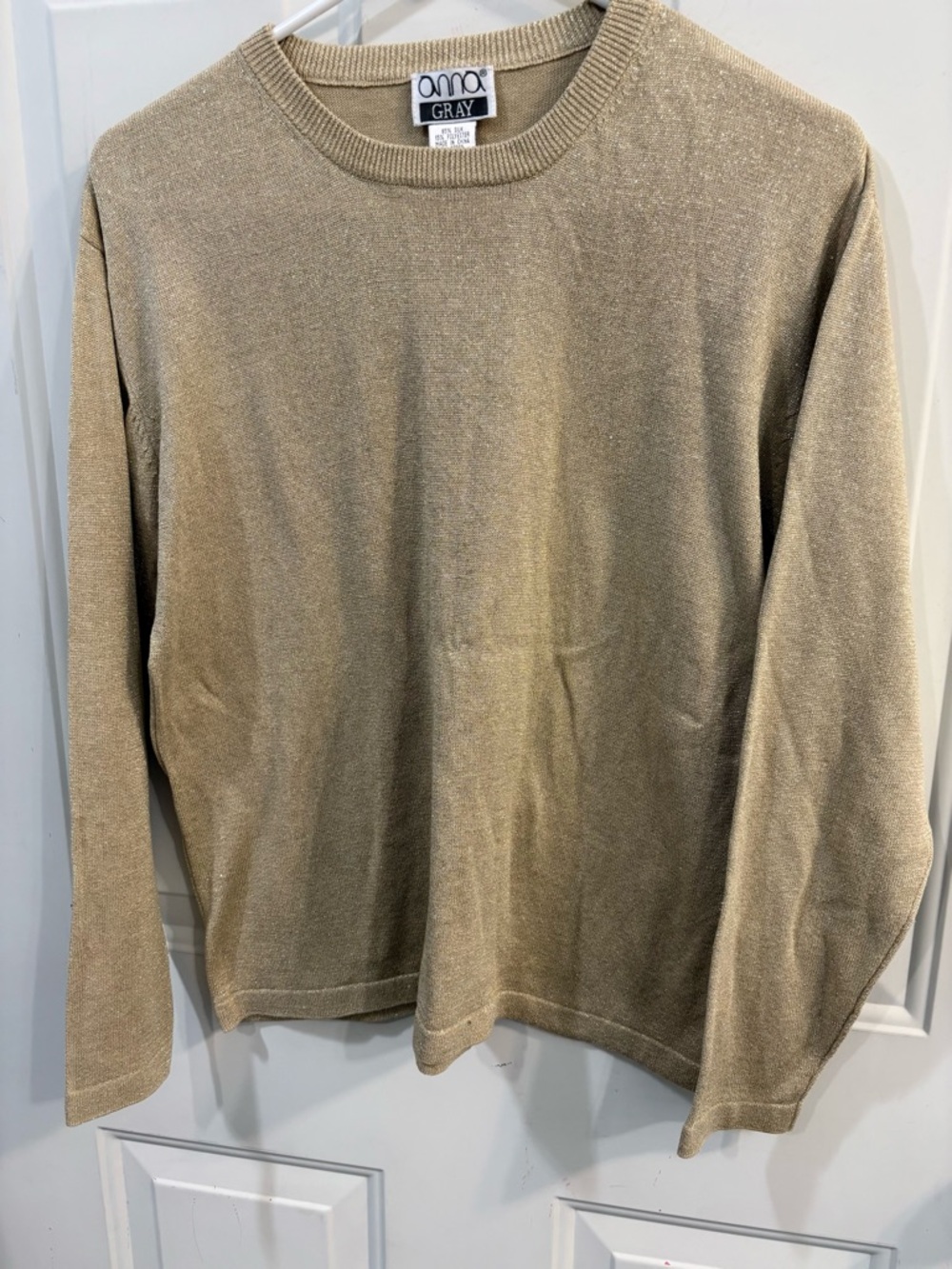 Anna Metallic Beige Crewneck Long-Sleeve Shirt